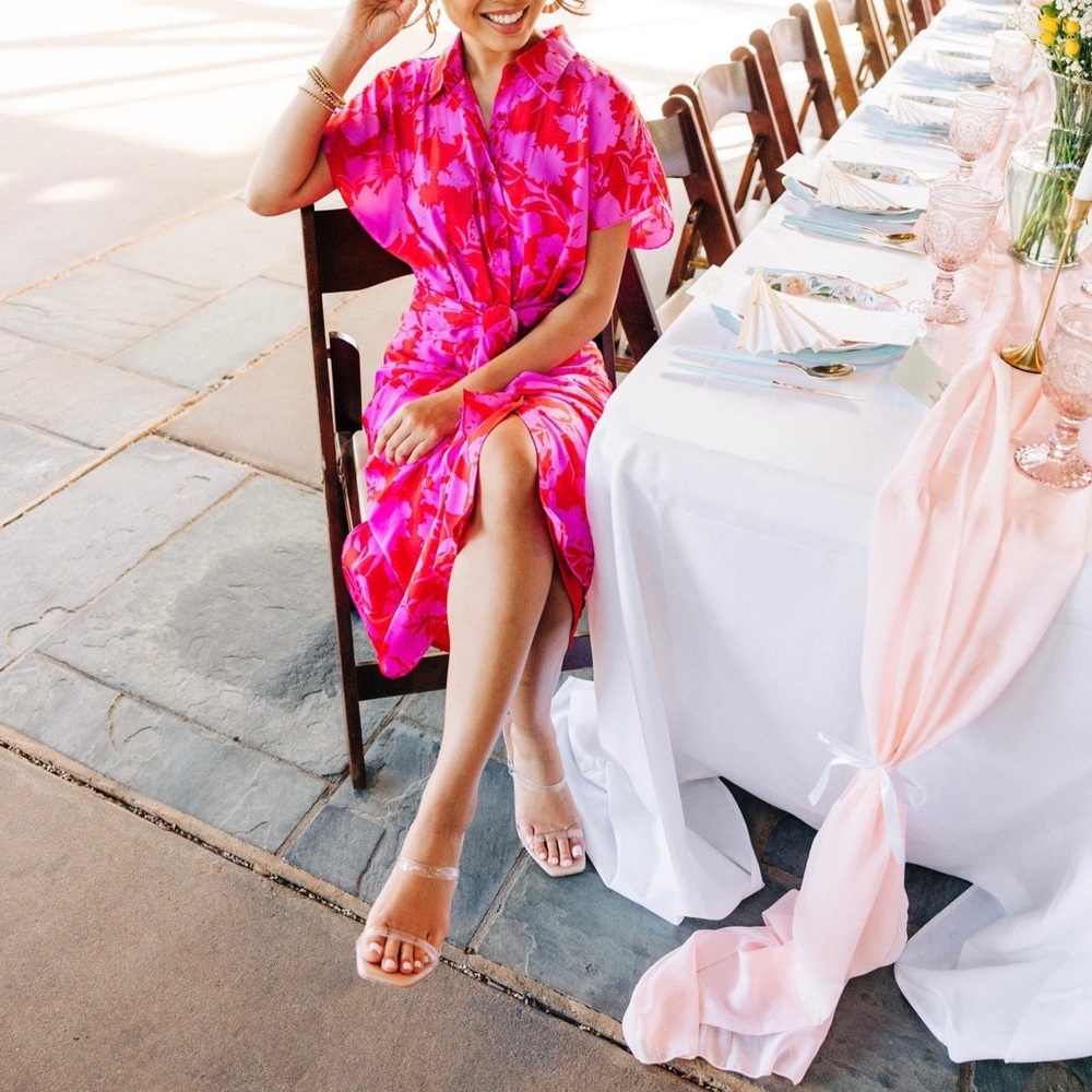 DO+BE | Berry Magenta Hot Pink Floral Print Front Tie Elegant Fitted Midi Dress